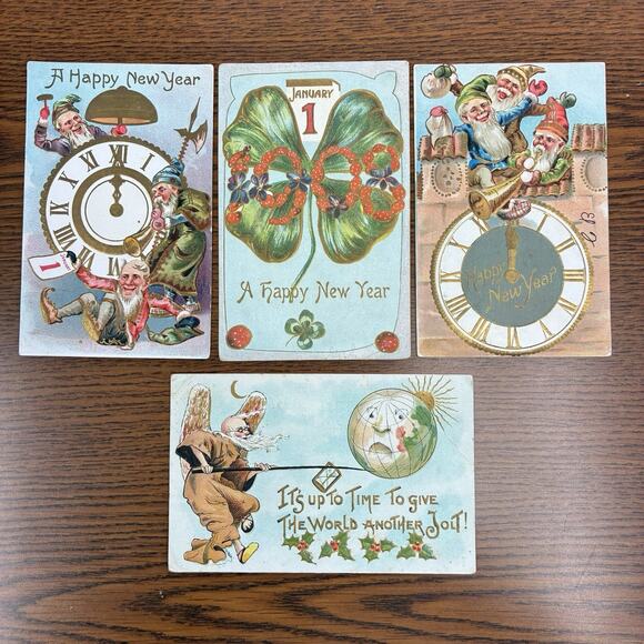 Antique Happy New Year Holiday Postcards Lot of 4 Early 1900s 1908 Gilt Embossed - Picture 10 of 10